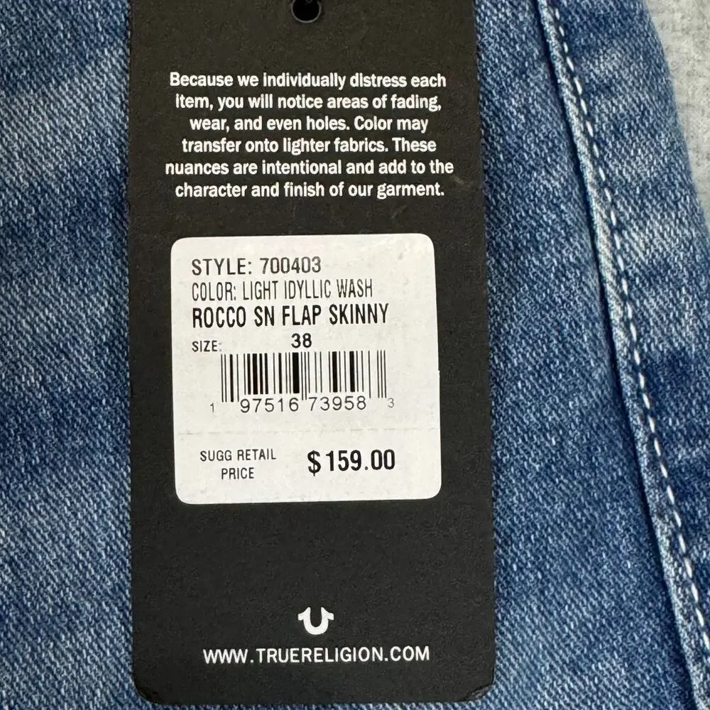 True Religion Men's Rocco SN Flap Relaxed Skinny Jeans 38x32 Light Wash NWT